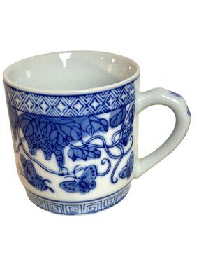 Vintage 70s Asian Cobalt Blue Mug Cup Butterfly Grapes Tea Coffee Cocoa 8 oz